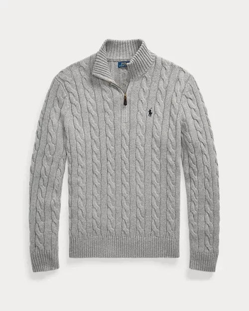 Classico maglione in cotone RL con motivo a trecce e collo a cerniera