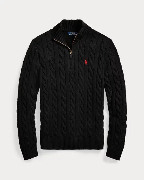 ITALIA - Maglione classico RL in cotone a trecce con collo a zip