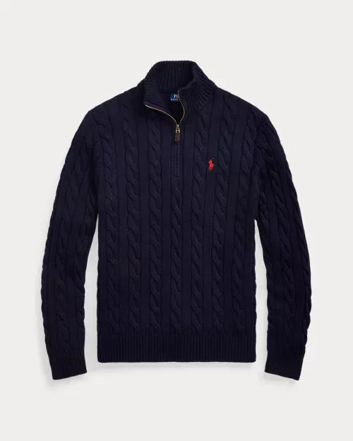 ITALIA - Maglione classico RL in cotone a trecce con collo a zip