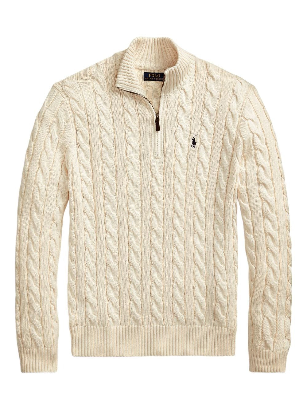 Classico maglione in cotone RL con motivo a trecce e collo a cerniera