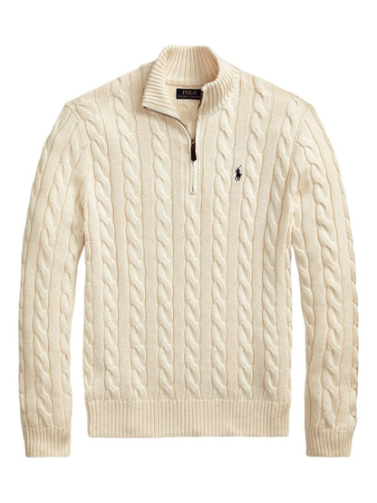 Classico maglione in cotone RL con motivo a trecce e collo a cerniera